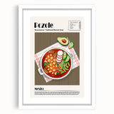Abstract art print of assorted food dishes in muted earth tones on a white framed mat, ideal for dining room decor.