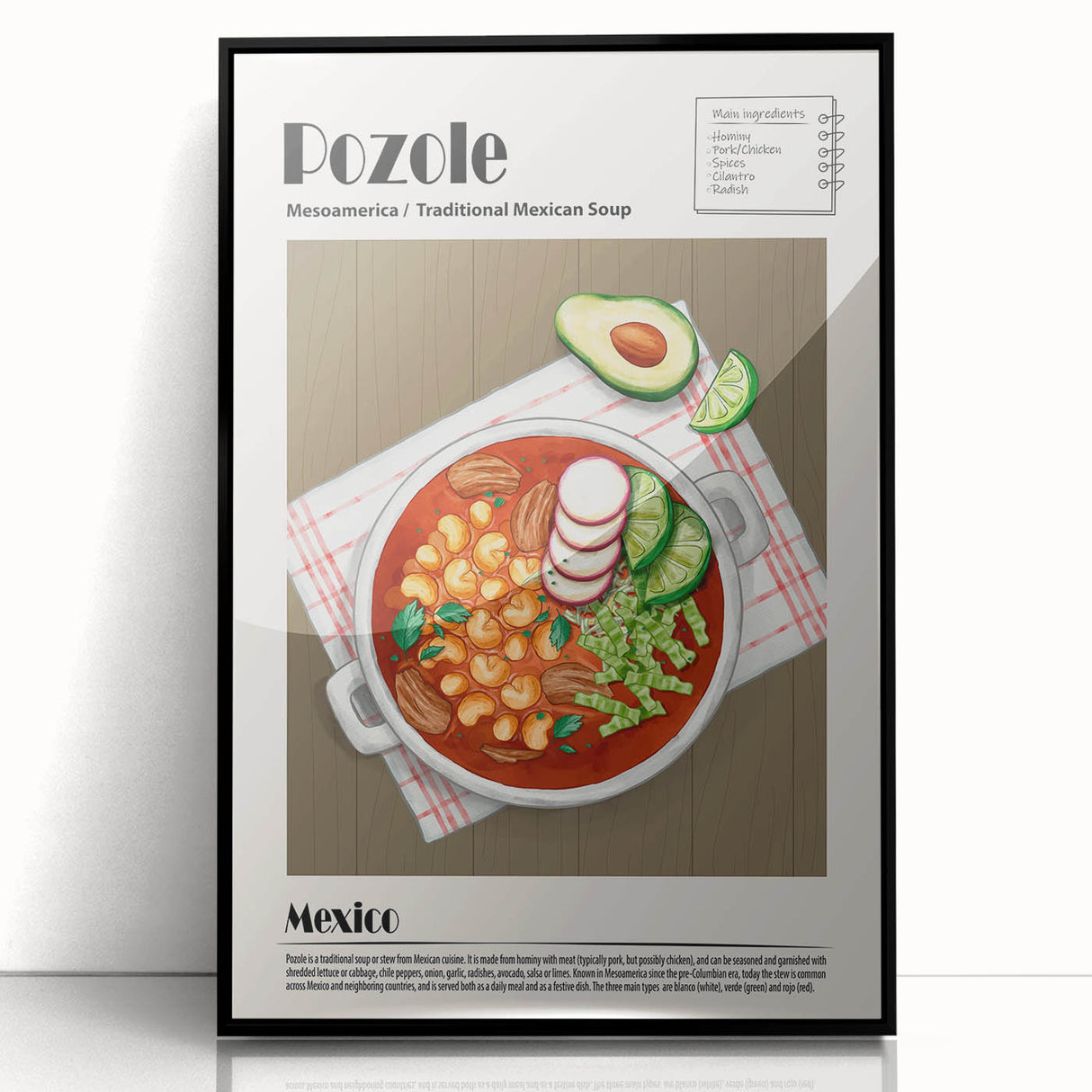 Large abstract wall art featuring assorted food dishes in mid-century modernist style, framed in black acrylic.