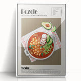 Acrylic print of various stylized food dishes in art deco style, framed in white, ideal for modern kitchen decor.