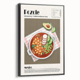 Black and white wall art featuring vintage poster art of various food dishes on a framed canvas, ideal for bedroom decor.