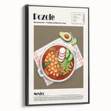 Black and white wall art featuring vintage poster art of various food dishes on a framed canvas, ideal for bedroom decor.