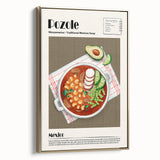 Framed canvas featuring vintage poster art of various black and gold food dishes, ideal for bedroom wall decor.