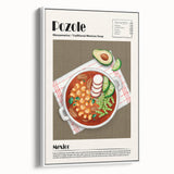 Vintage poster art of colorful food dishes on a white framed canvas, ideal for living room decor.