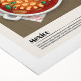 Art deco poster featuring an array of colorful food dishes on rolled canvas, ideal for dining room wall art.