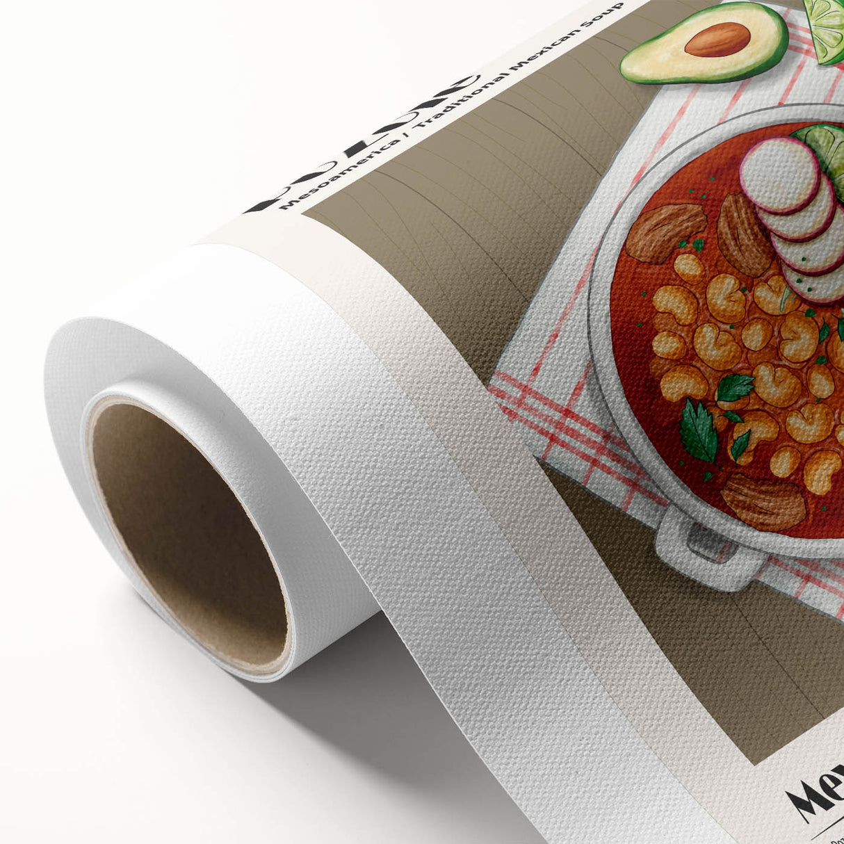 Art deco poster featuring an assortment of colorful food dishes on a rolled canvas, suitable for dining room decor.