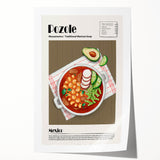 Rolled print featuring an array of detailed food dishes in soft watercolor hues, ideal for art wall dining room.