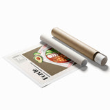 Extra large rolled print featuring an array of detailed food dishes in muted earth tones.