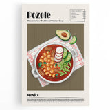 Large black and white canvas depicting various international dishes, ideal for kitchen wall art.