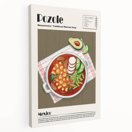 Side view of a stretched canvas featuring various illustrated food dishes in vibrant colors, ideal for kitchen wall art.
