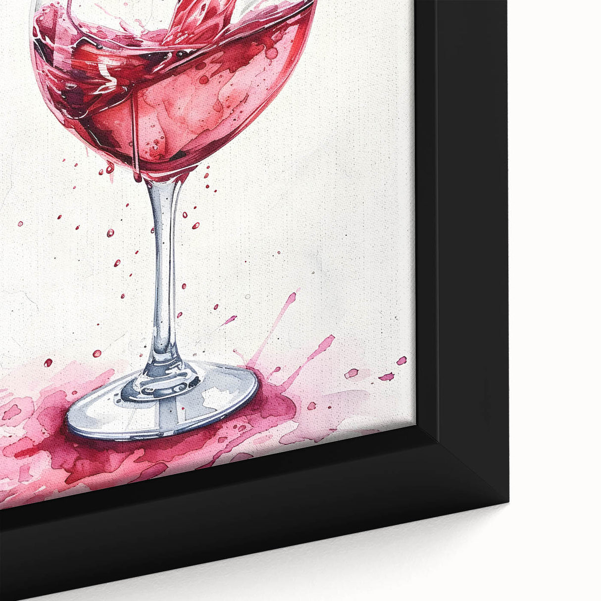 Close-up of a framed canvas featuring textured colorful art with food and drink motifs on a black background.