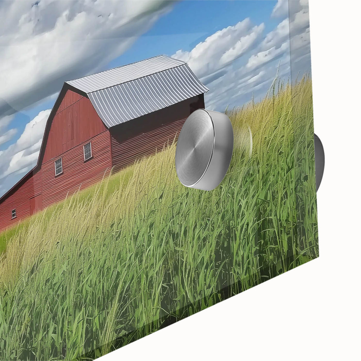 Close-up of a vibrant landscape barn acrylic glass artwork showcasing rich colors and intricate details, ideal for home decor enthusiasts and art collectors.