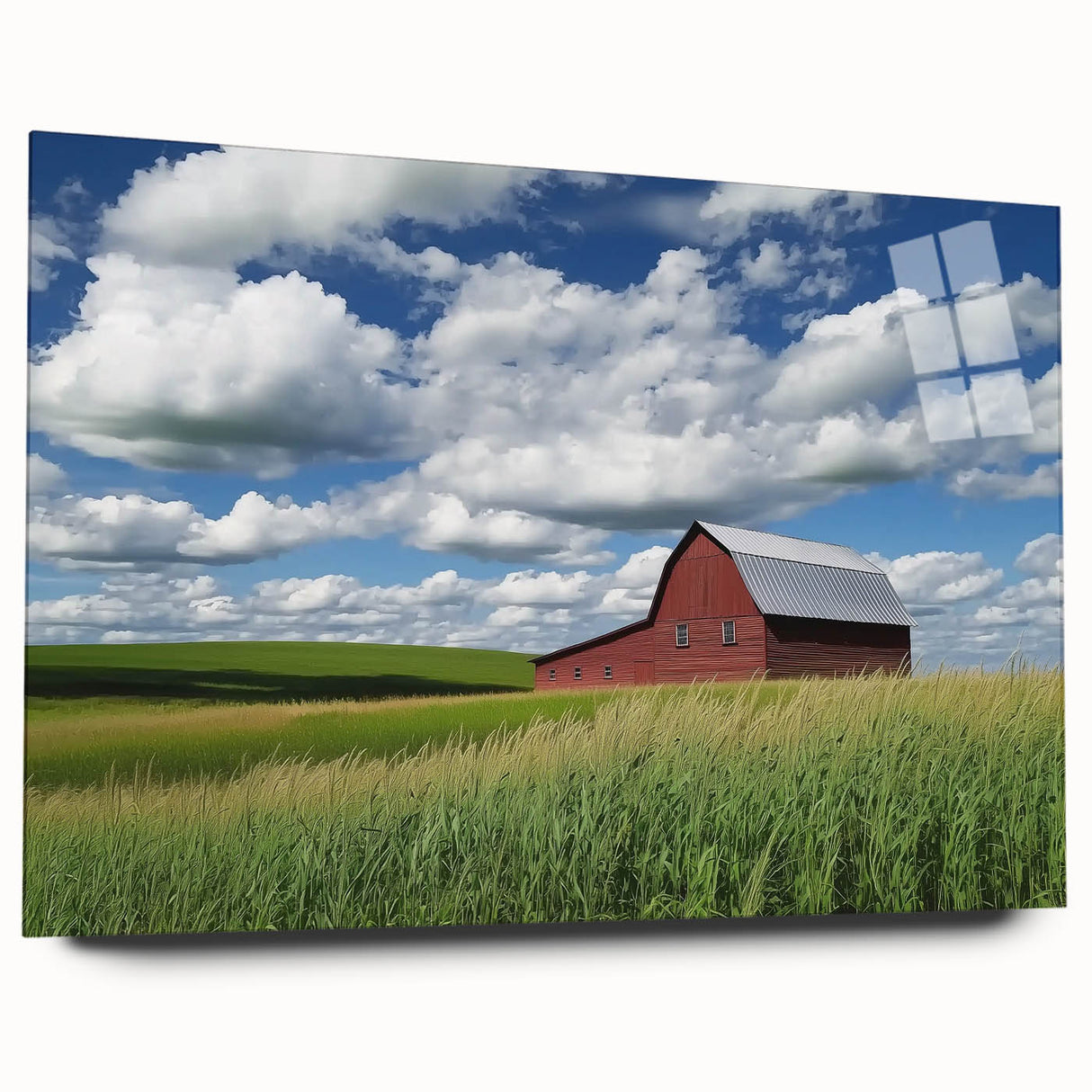 Acrylic glass side view of a modern landscape barn design, showcasing vibrant colors and intricate details, perfect for home decor or art enthusiasts.