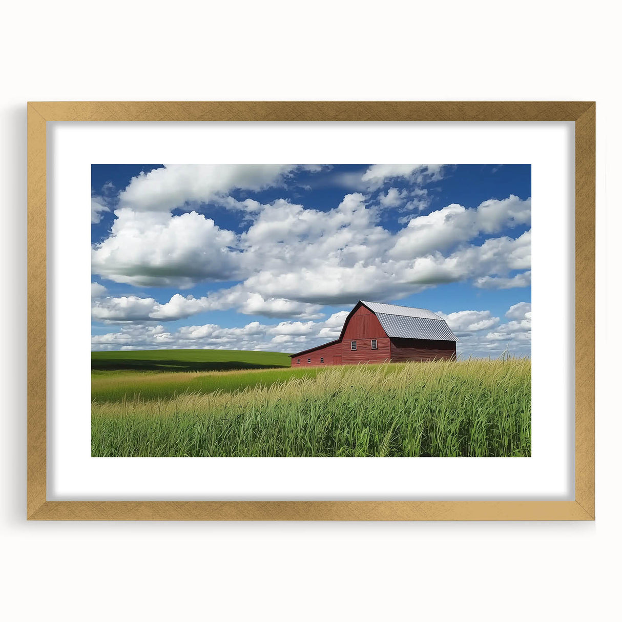 Golden-framed landscape barn design art print showcasing a rustic scene with vibrant colors, ideal for home decor and enhancing interior spaces.