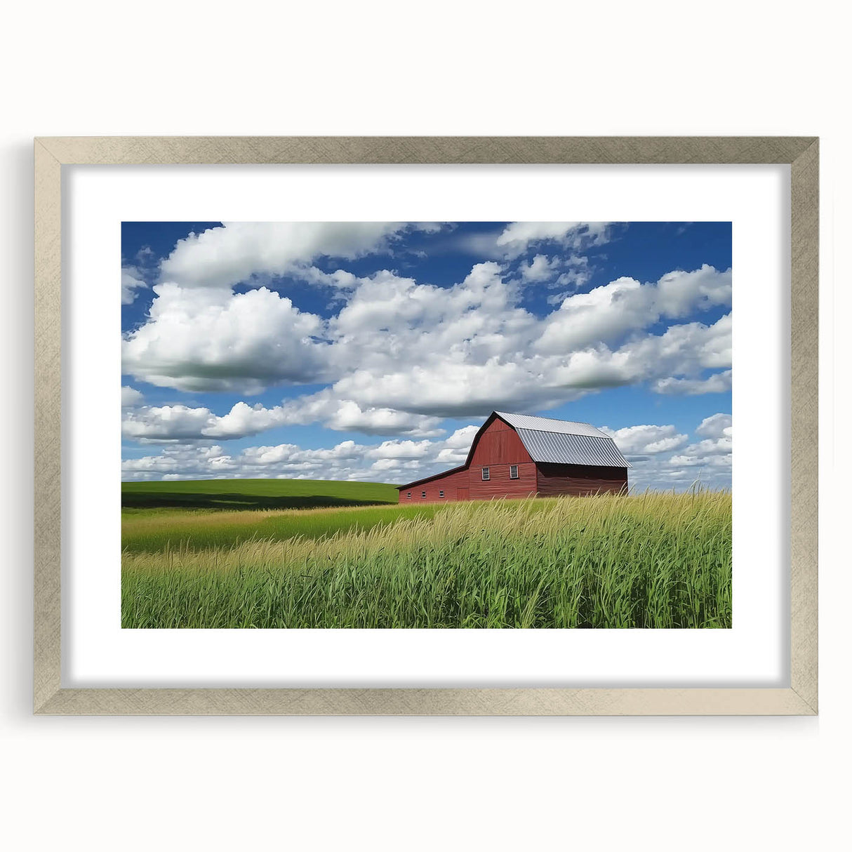 Elegant silver-framed landscape barn art print with a white mat, showcasing rustic charm and detailed craftsmanship, perfect for home decor enhancement.