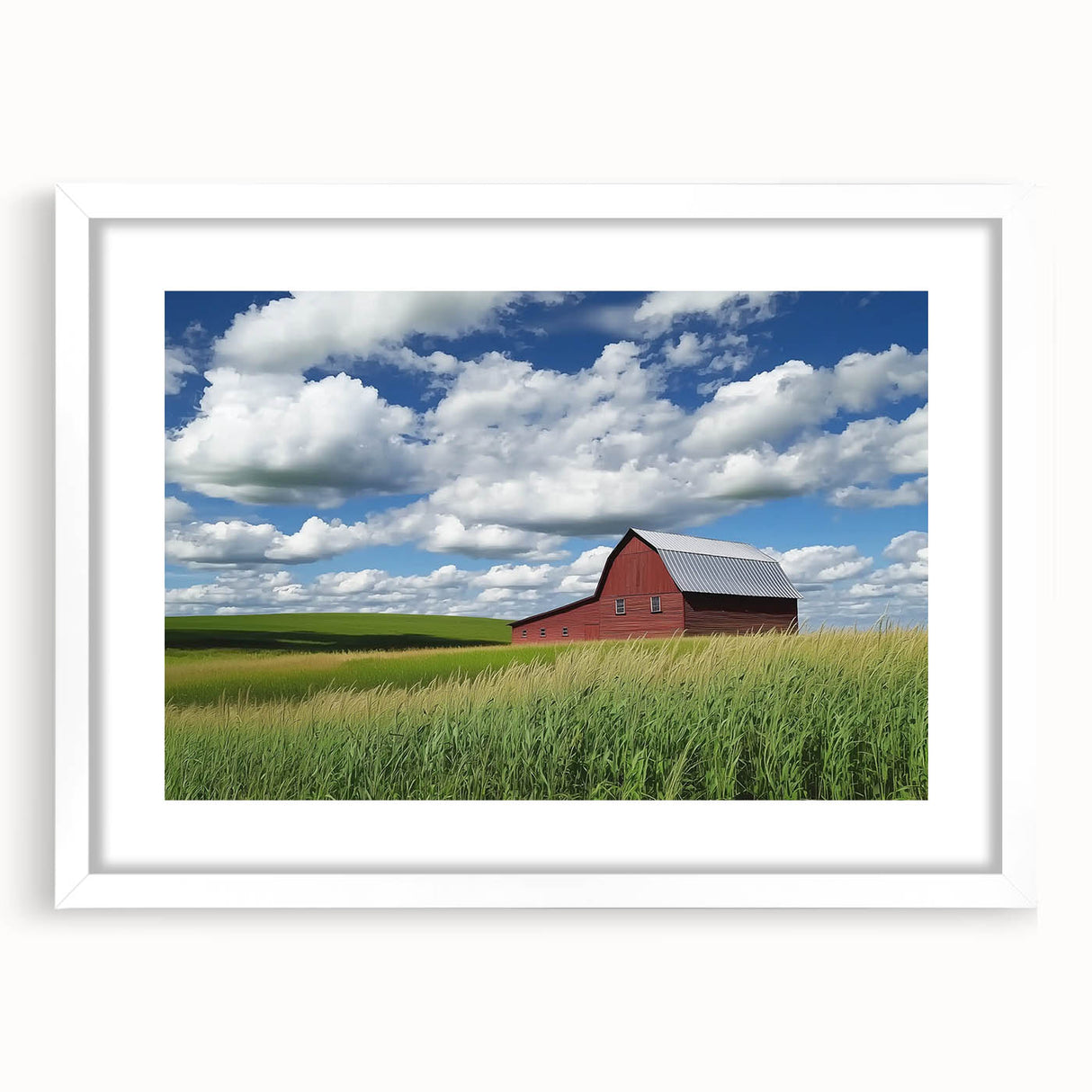 Elegant landscape barn frame showcasing a white mat, ideal for displaying artwork or photographs, designed to enhance any home decor with a classic touch.
