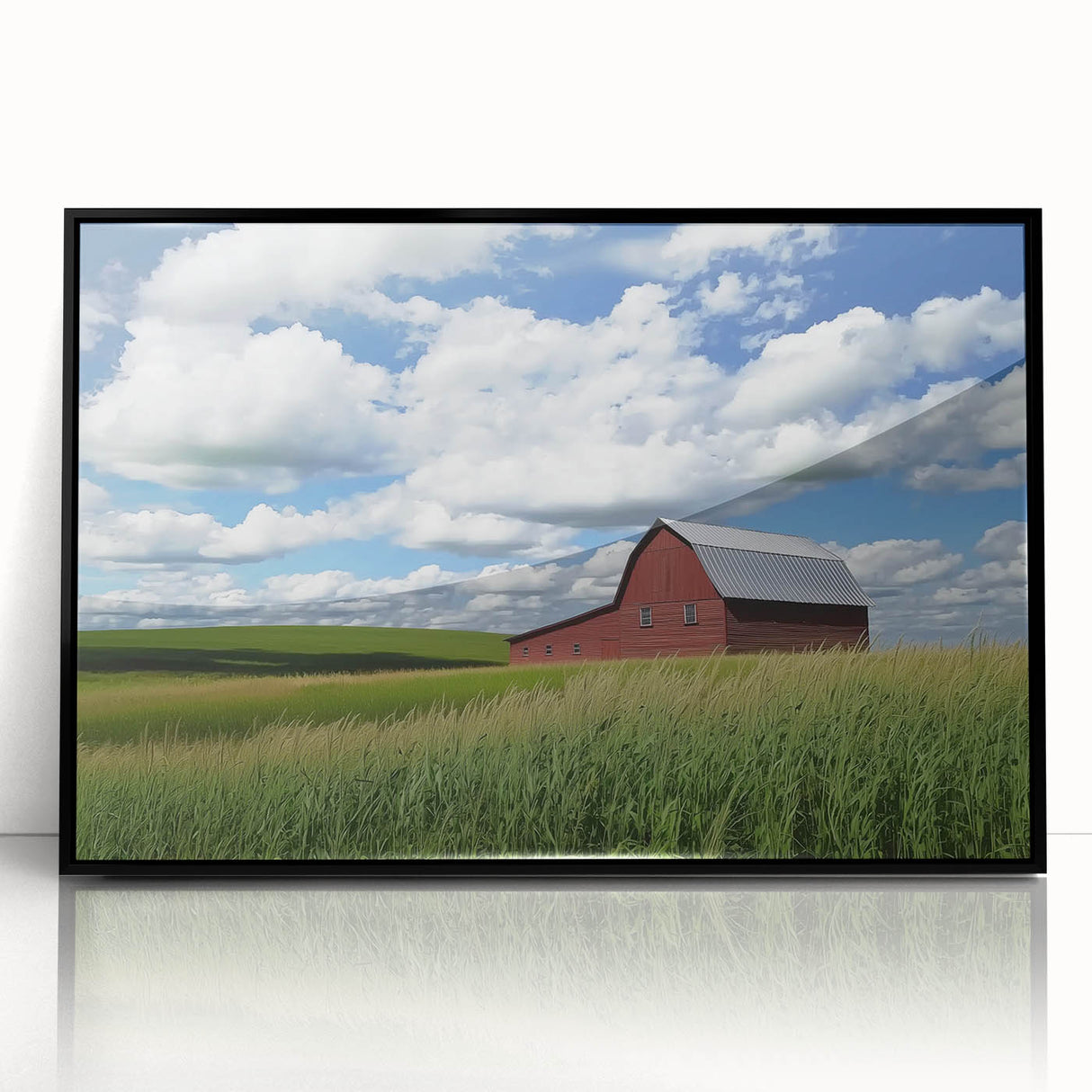 Acrylic landscape artwork featuring a barn scene framed in black, showcasing vibrant colors and intricate details, perfect for enhancing home decor.