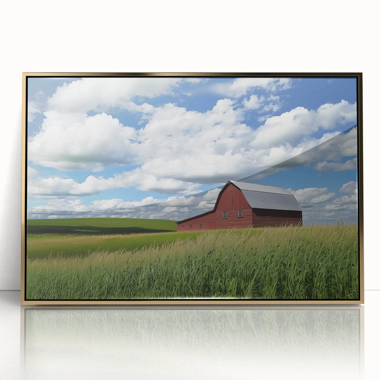 Framed acrylic artwork showcasing a modern landscape design in gold tones, featuring a barn setting with a minimalist aesthetic, ideal for contemporary home decor.