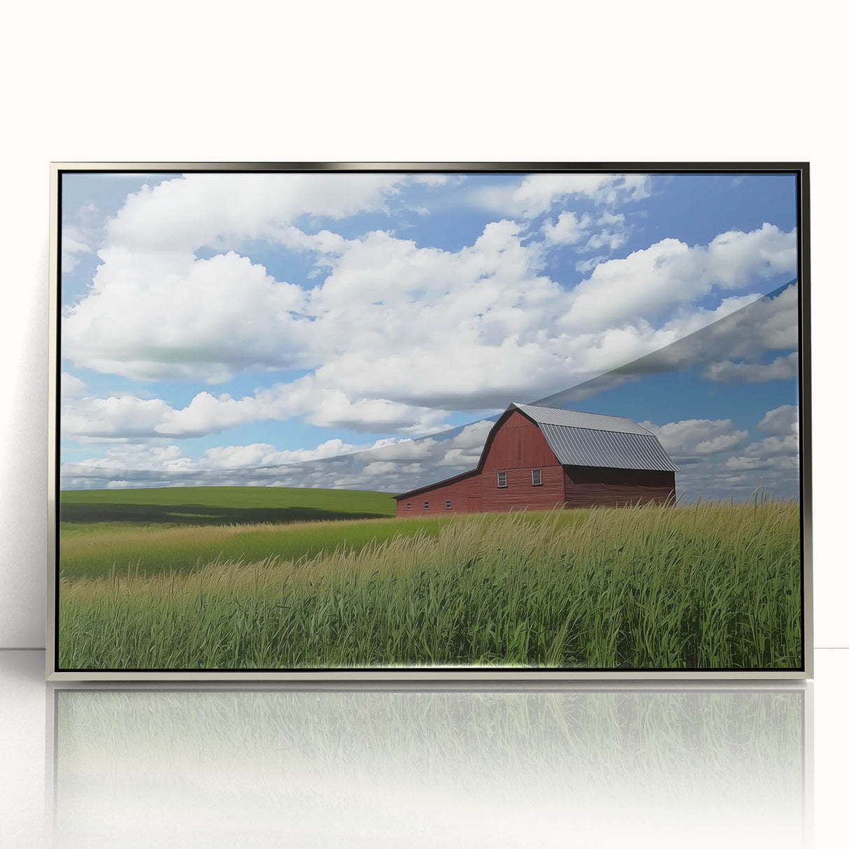 Framed acrylic artwork depicting a scenic landscape with a silver finish, featuring a rustic barn, ideal for home décor and enhancing interior aesthetics.