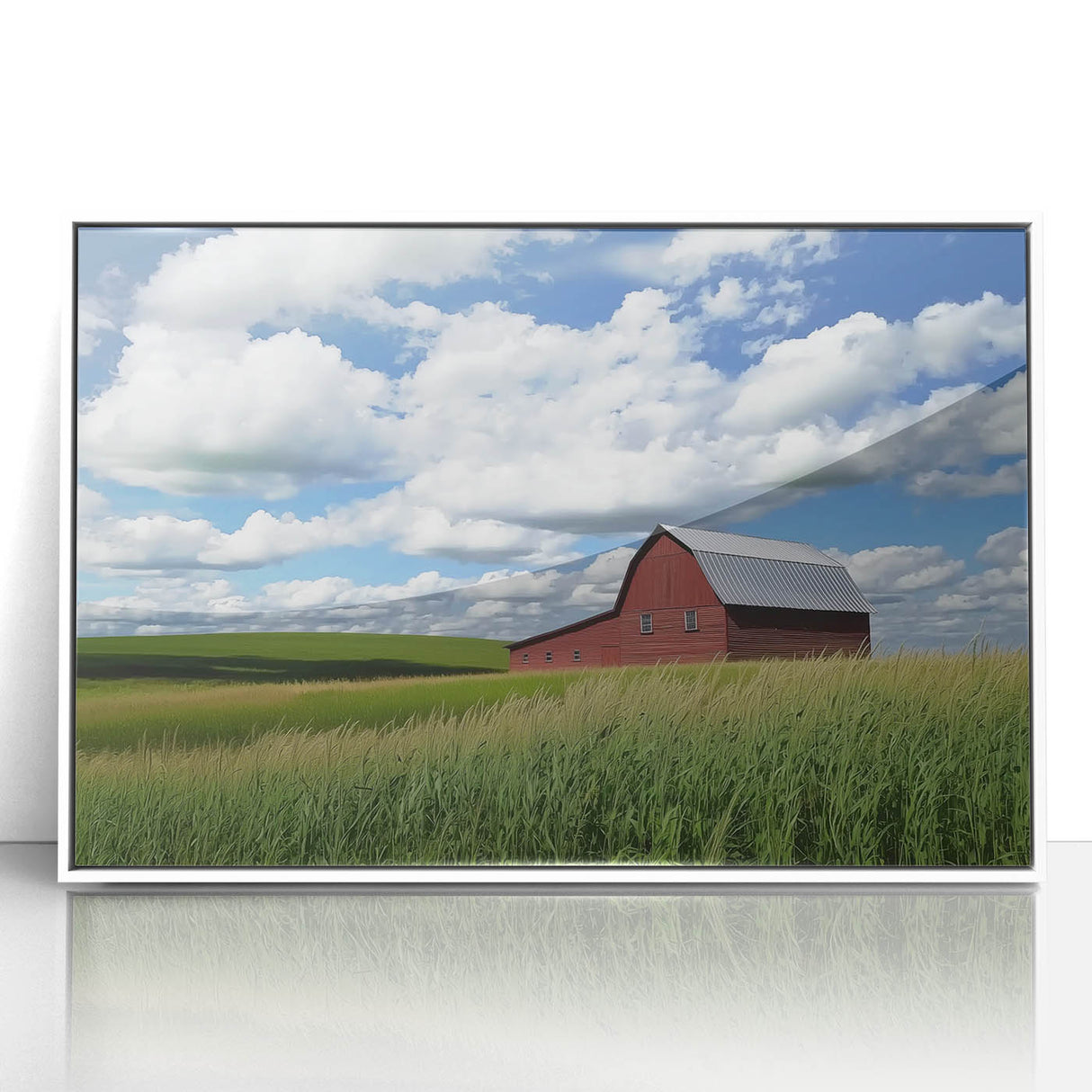 Framed acrylic landscape artwork showcasing a serene rural barn scene with vibrant colors, perfect for home decor or office aesthetics. The white frame enhances the visual appeal, adding elegance to any space.
