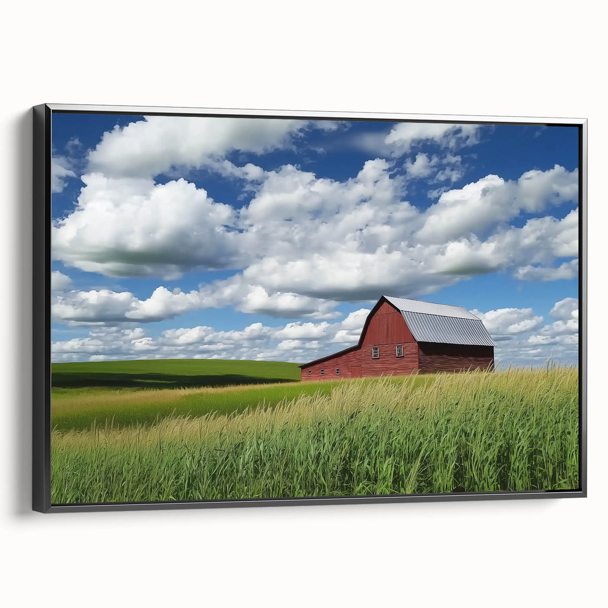 Barn-framed canvas print featuring a vibrant landscape design, showcasing rich colors and intricate details, viewed from the side against a neutral background.