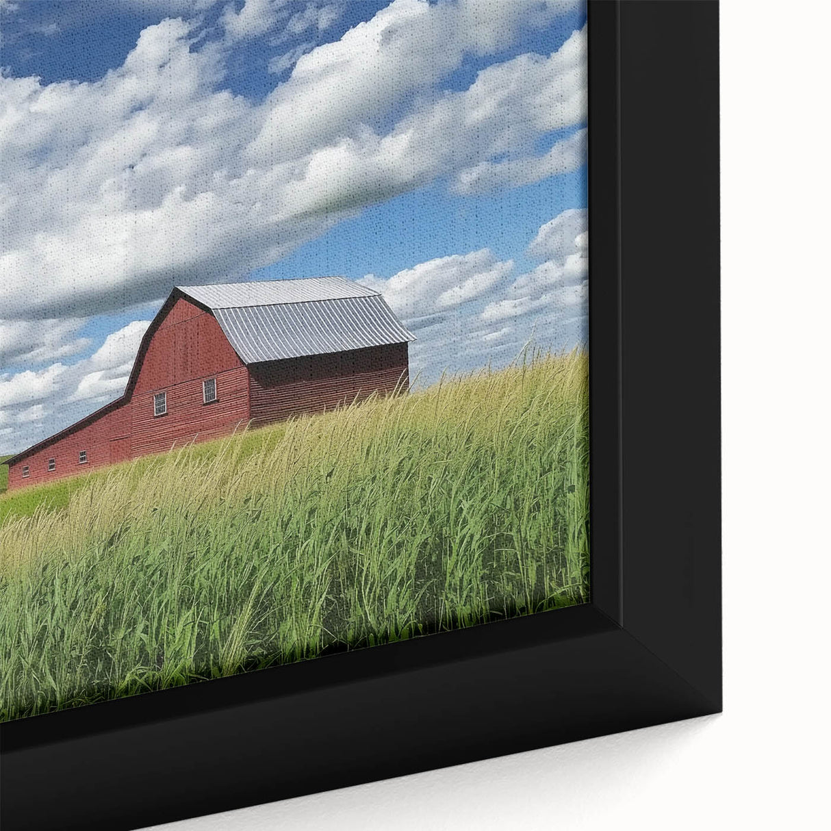 Close-up of a textured landscape barn art print on canvas, showcasing warm earthy tones and intricate details, ideal for rustic home decor. Perfect for enhancing living spaces with a pastoral aesthetic.