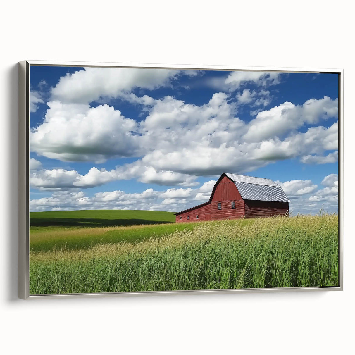 Landscape barn-framed canvas showcasing a serene rural scene with soft colors and intricate detailing, perfect for enhancing home decor and creating a calming ambiance.