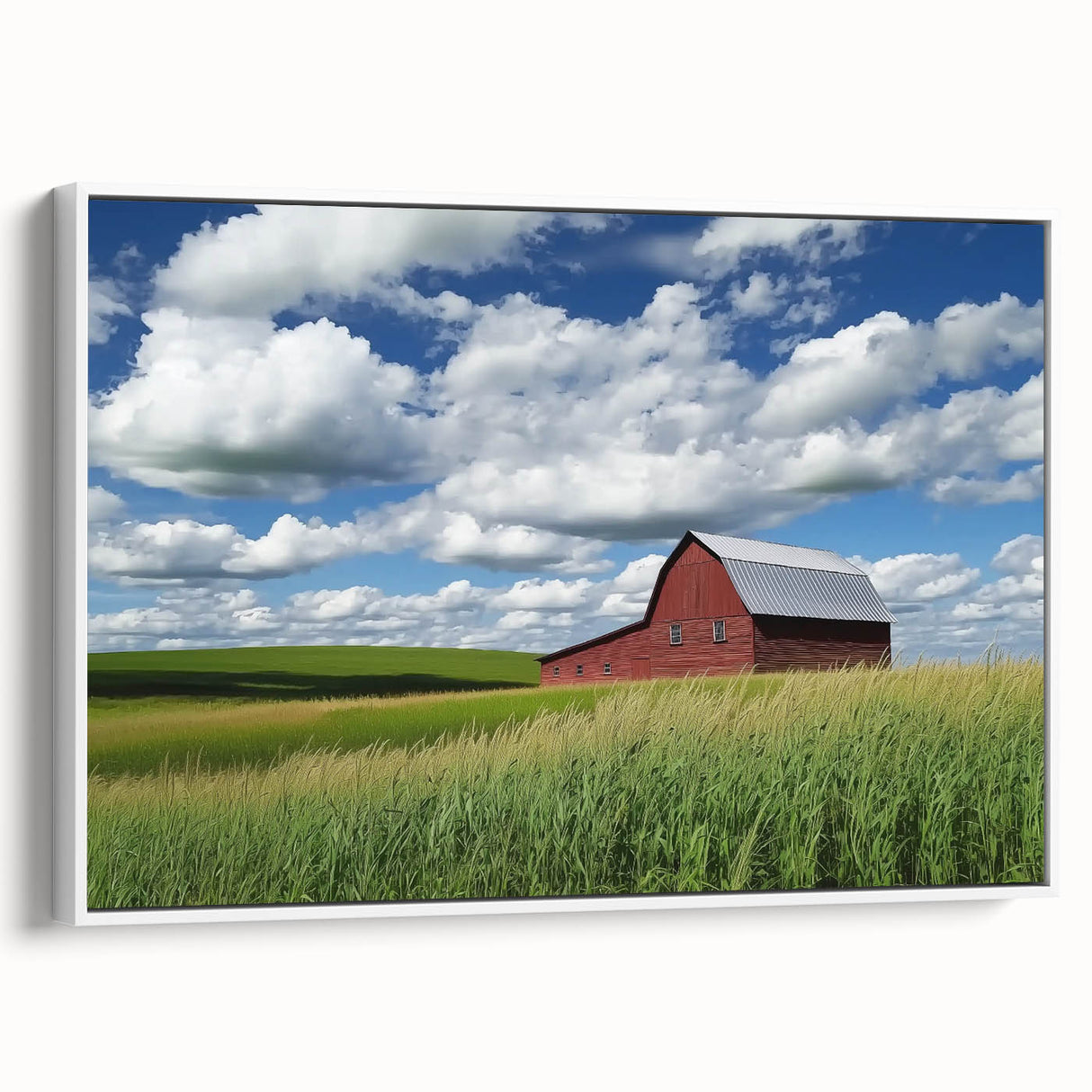 Landscape barn-themed canvas print showcasing a rustic white frame, side view highlights the textured artwork, perfect for farmhouse decor enthusiasts.