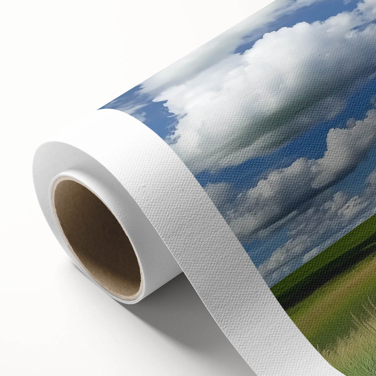 Rolled canvas showcasing a vibrant landscape design with a rustic barn, featuring rich colors and intricate details, securely packaged in a protective tube for easy transport.