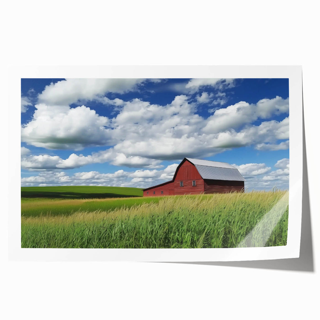 Rolled print showcasing a vibrant landscape barn design, featuring rich colors and intricate details, securely packaged in a protective cardboard tube for easy transport. Perfect for home decor enthusiasts seeking rustic charm.