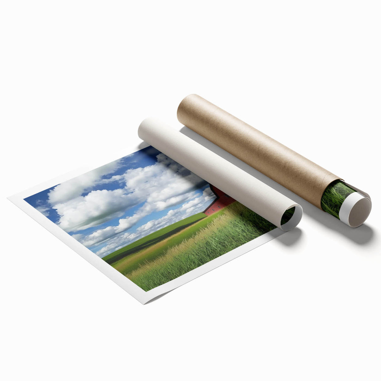 Rustic landscape barn print showcasing vibrant colors and intricate details, elegantly rolled and ready for display, perfect for home decor enthusiasts.