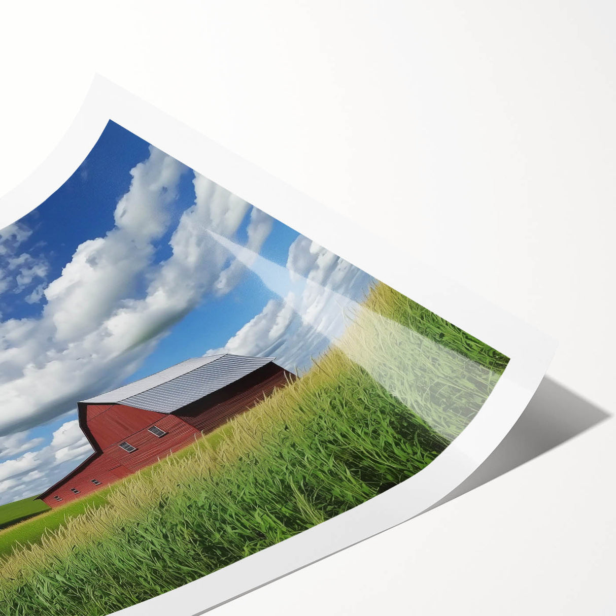 Landscape barn rolled print showcasing vibrant colors and intricate details, ideal for rustic home decor. Packaged securely in a cardboard tube for safe delivery.