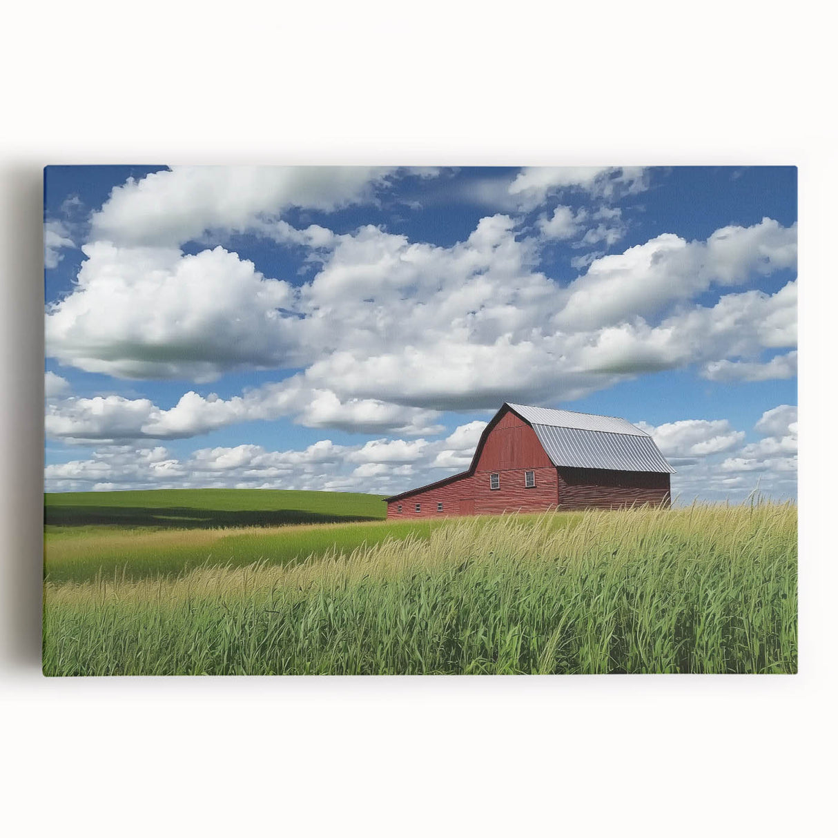 Landscape barn art stretched canvas showcasing a rustic scene with vibrant colors, perfect for home decor or farmhouse aesthetics. Ideal for adding charm to any space.