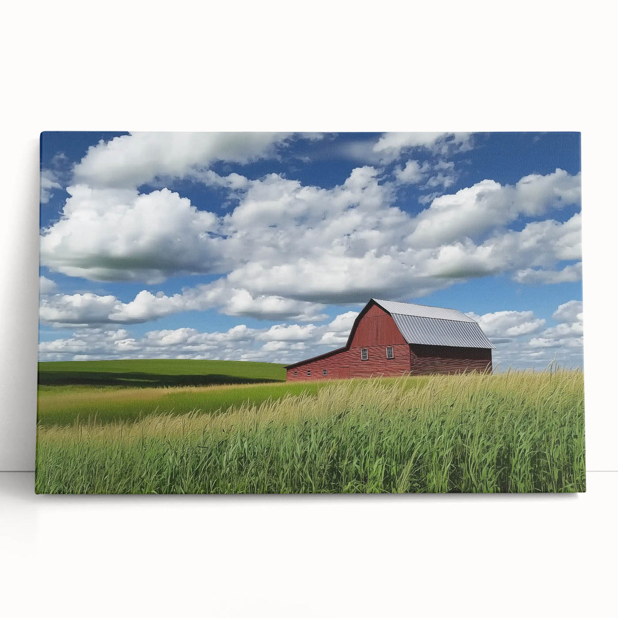 Stretched canvas artwork of a serene landscape with a rustic barn, featuring vibrant greens and blues, ideal for farmhouse decor or nature-themed interiors.