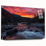 Acrylic glass landscape bridge design showcasing intricate details and vibrant colors, viewed from the side with visible pins, perfect for modern decor and art enthusiasts.