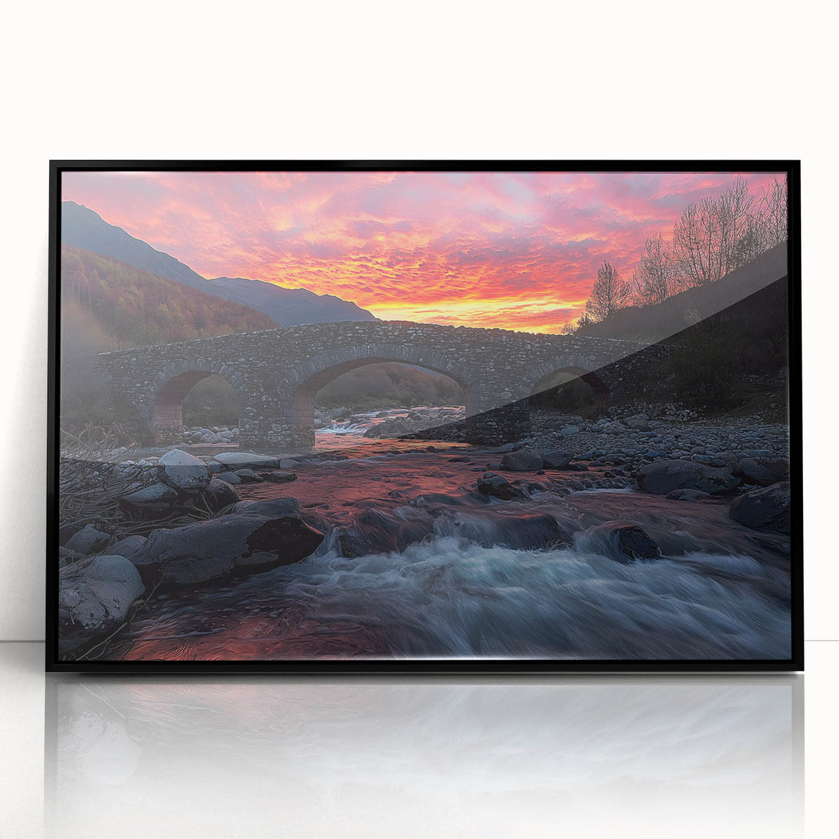 Framed acrylic artwork of a modern landscape bridge design in black, showcasing intricate details and textures, ideal for contemporary home decor.
