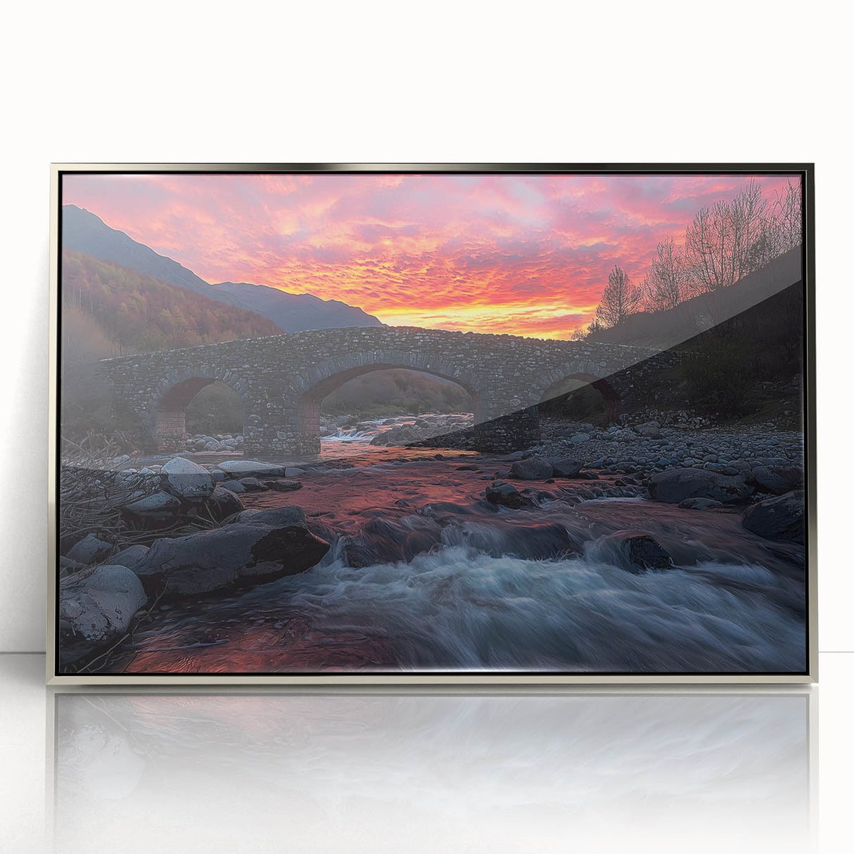 Framed acrylic artwork of a modern landscape bridge design in silver, showcasing intricate details and vibrant colors, perfect for enhancing contemporary decor.