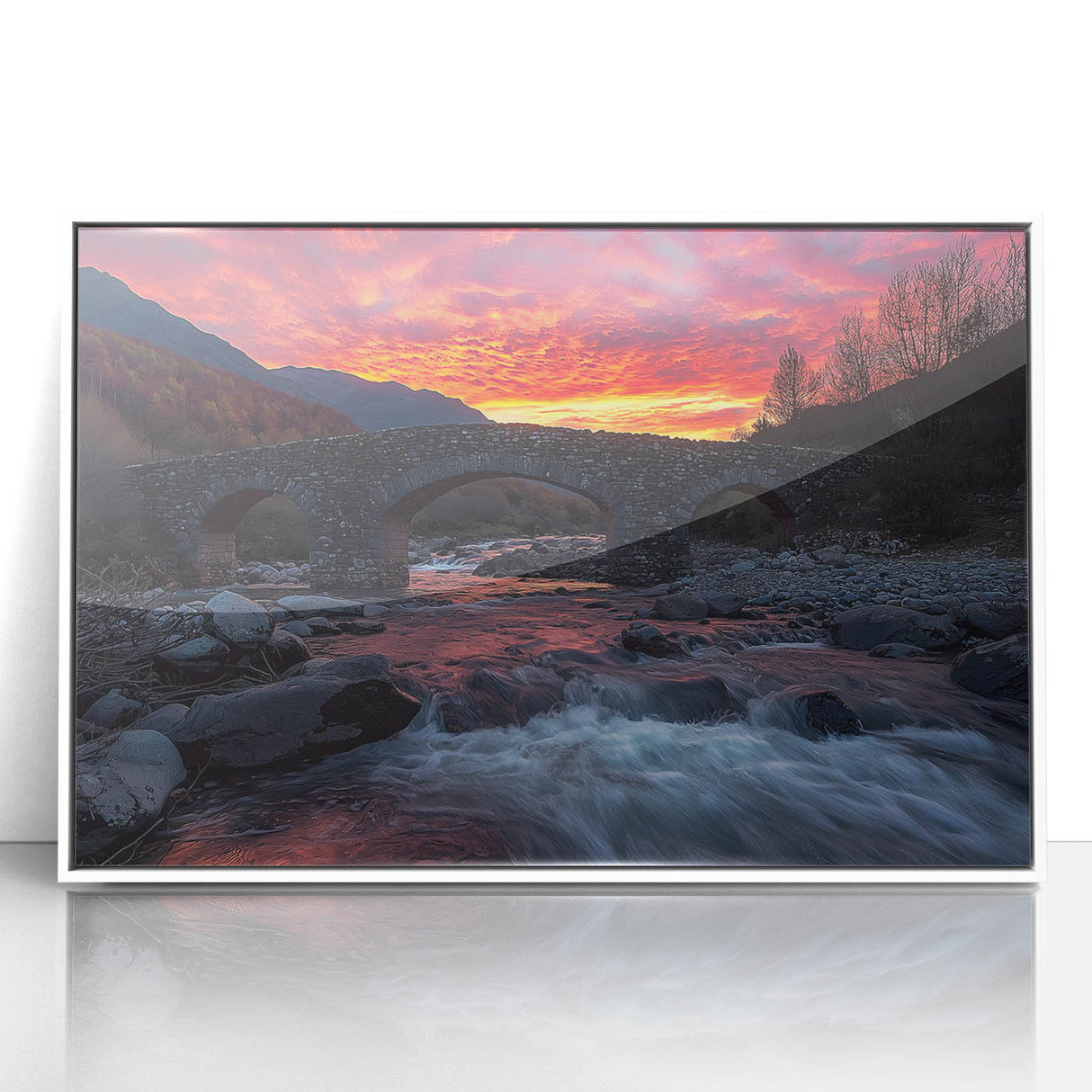 Framed acrylic artwork depicting a serene landscape bridge scene, showcasing vibrant colors and intricate details, perfect for enhancing home decor.