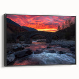 Framed canvas artwork of a serene landscape with a bridge, showcasing rich colors and intricate details. Perfect for home decor, this piece adds a tranquil touch.