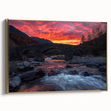 Framed canvas artwork of a landscape bridge in gold tones, showcasing intricate details and textures, ideal for enhancing modern home decor.