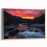 Framed canvas artwork depicting a serene landscape bridge, showcasing silver tones and intricate details, ideal for enhancing home decor with elegance.