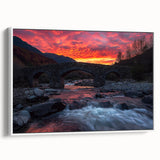 Framed canvas artwork depicting a serene landscape bridge with lush greenery and a vibrant sky, designed for modern home decor. Perfect for nature lovers.