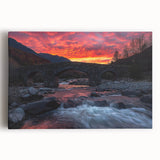 Stretched canvas artwork depicting a vibrant landscape bridge scene, showcasing rich colors and intricate details, ideal for enhancing home decor.