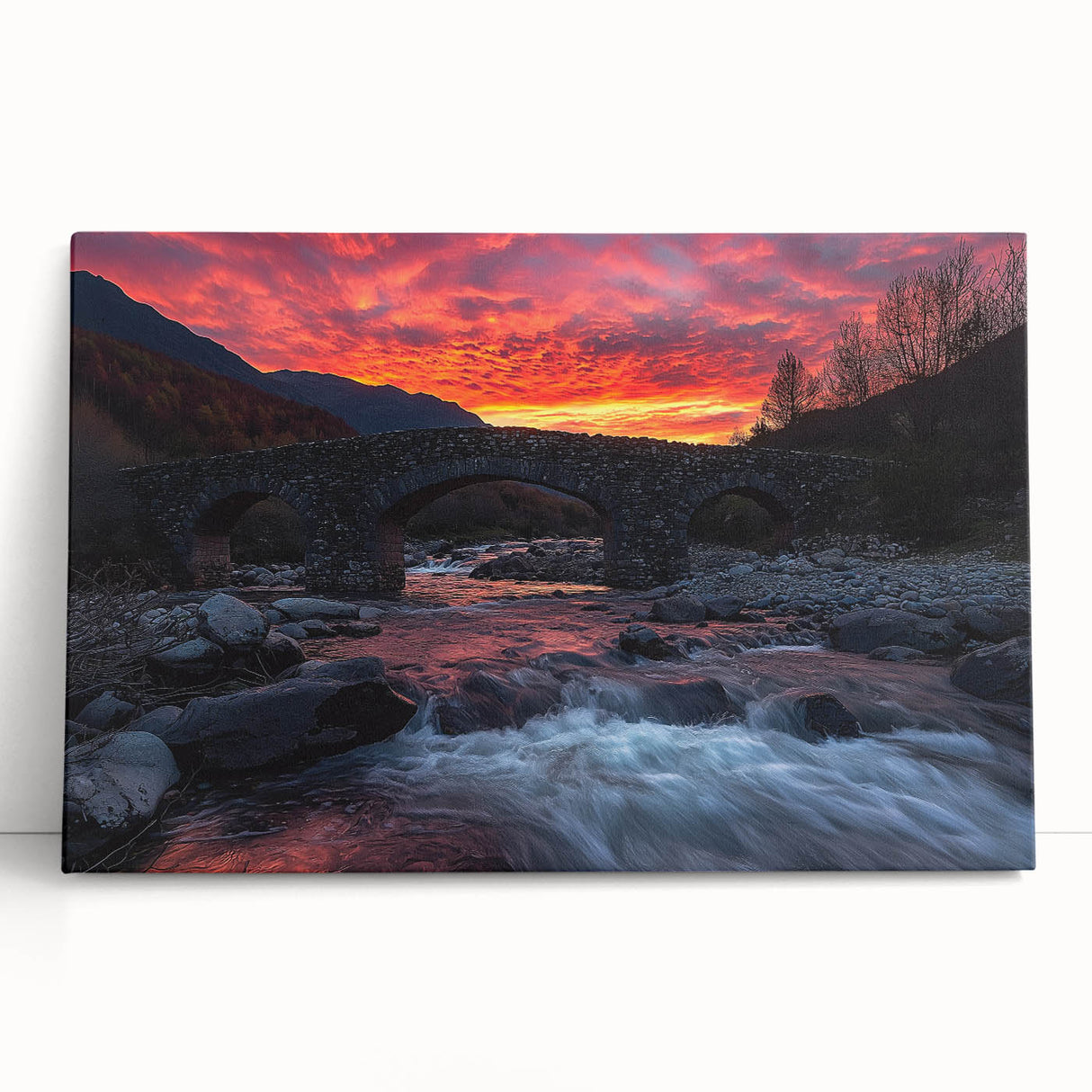 Stretched canvas artwork depicting a serene landscape bridge scene, showcasing vibrant colors and intricate details, perfect for enhancing home decor.