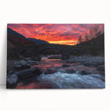 Stretched canvas artwork depicting a serene landscape bridge scene, showcasing vibrant colors and intricate details, perfect for enhancing home decor.
