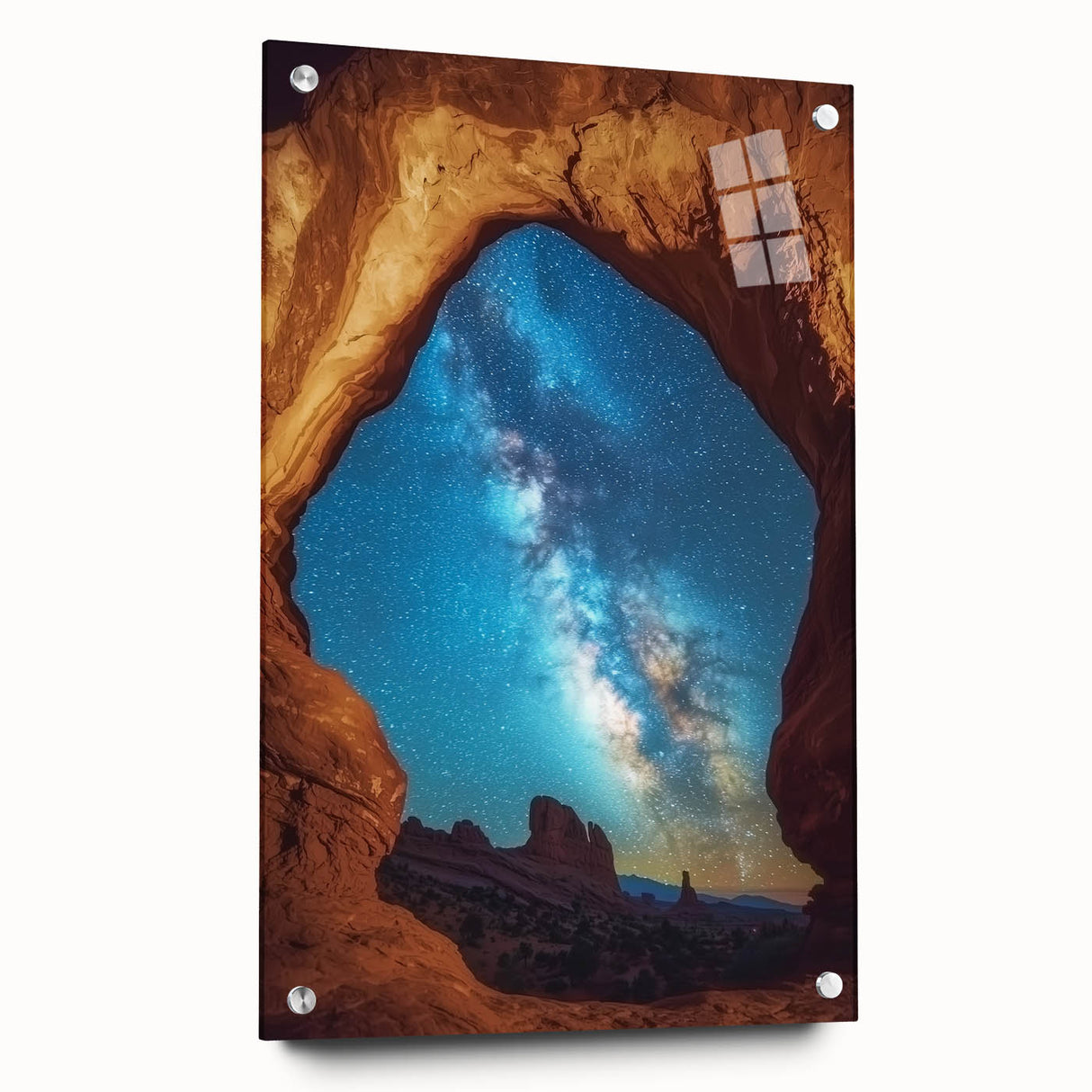 Acrylic landscape artwork depicting vibrant canyons in rich hues, showcased from a side view with decorative pins, ideal for modern home decor or art displays.