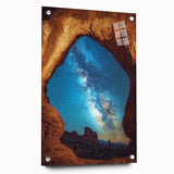 Acrylic landscape artwork depicting vibrant canyons in rich hues, showcased from a side view with decorative pins, ideal for modern home decor or art displays.