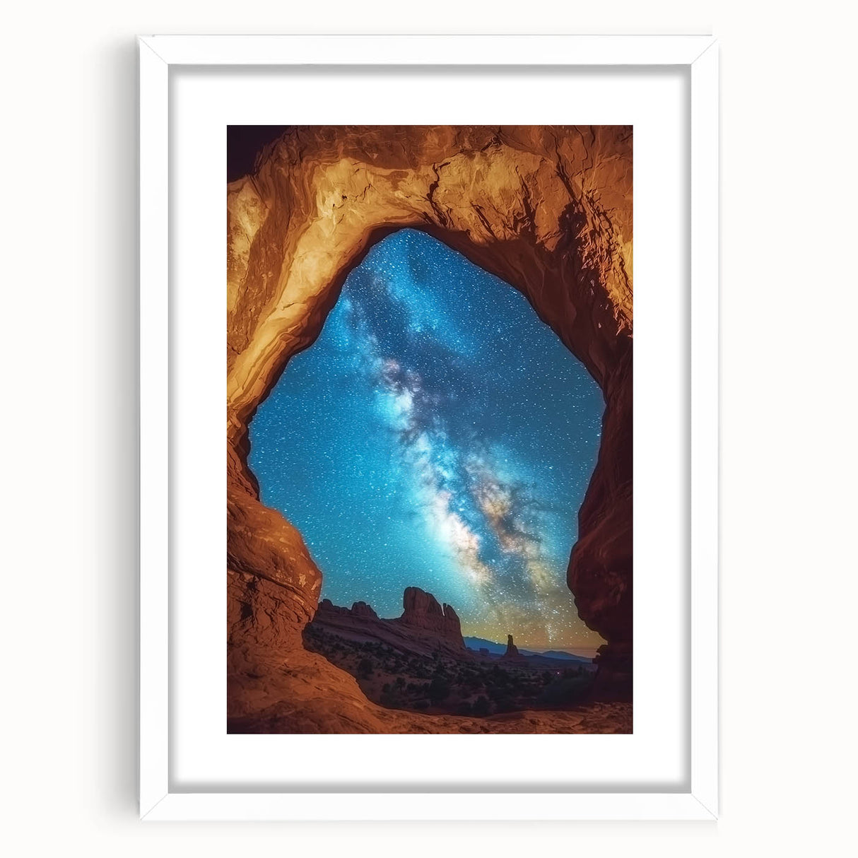 Landscape art print showcasing a breathtaking canyon scene framed with a white mat, emphasizing vibrant color contrasts and intricate details, ideal for home decor.