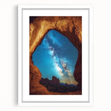 Landscape art print showcasing a breathtaking canyon scene framed with a white mat, emphasizing vibrant color contrasts and intricate details, ideal for home decor.