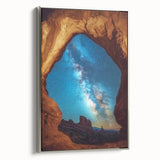 Framed canvas artwork showcasing a stunning landscape of canyons with vibrant colors and intricate details, featuring a sleek silver frame ideal for modern decor.