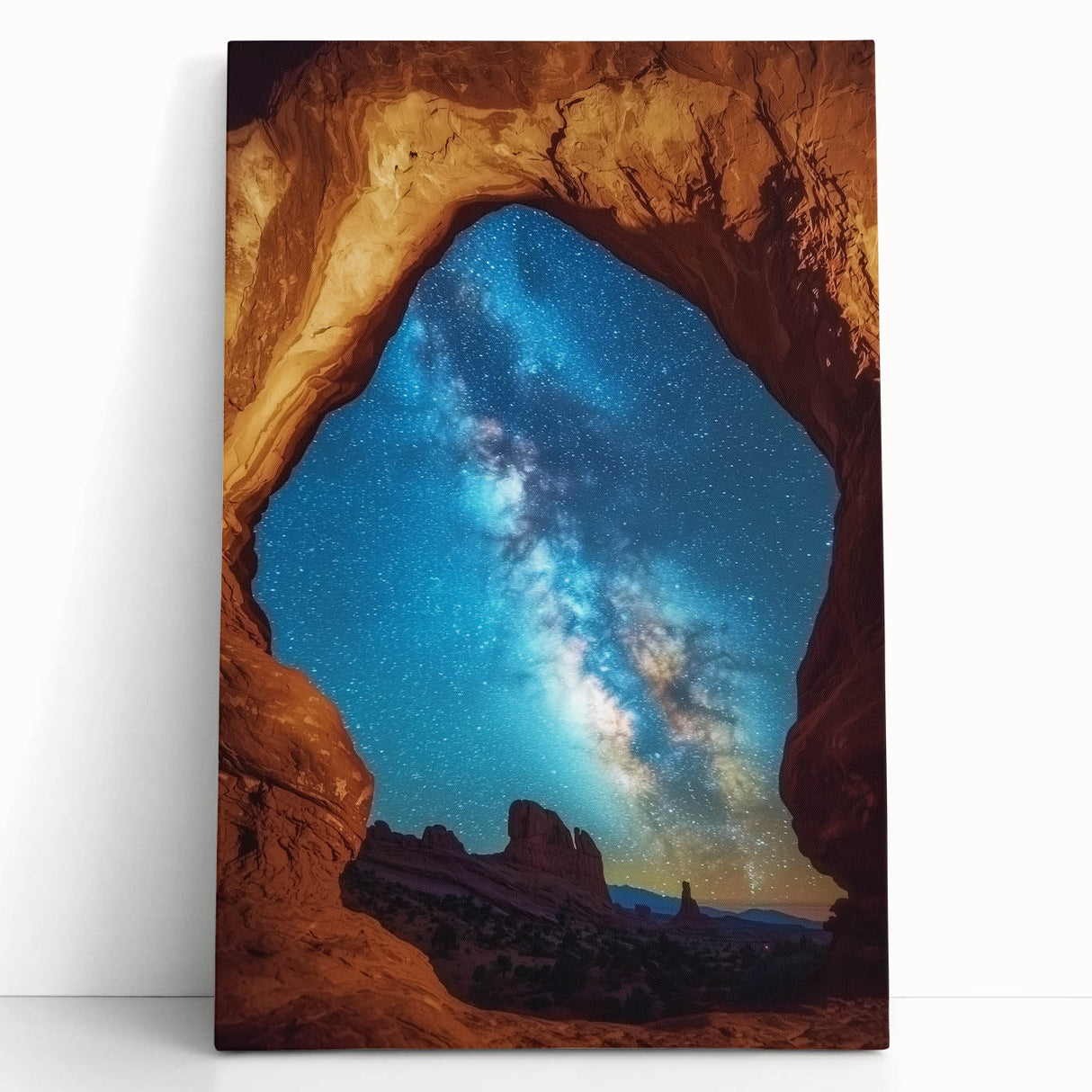 Stretched canvas artwork depicting a vibrant, abstract landscape of canyons in warm earth tones, ideal for modern home decor and art enthusiasts.